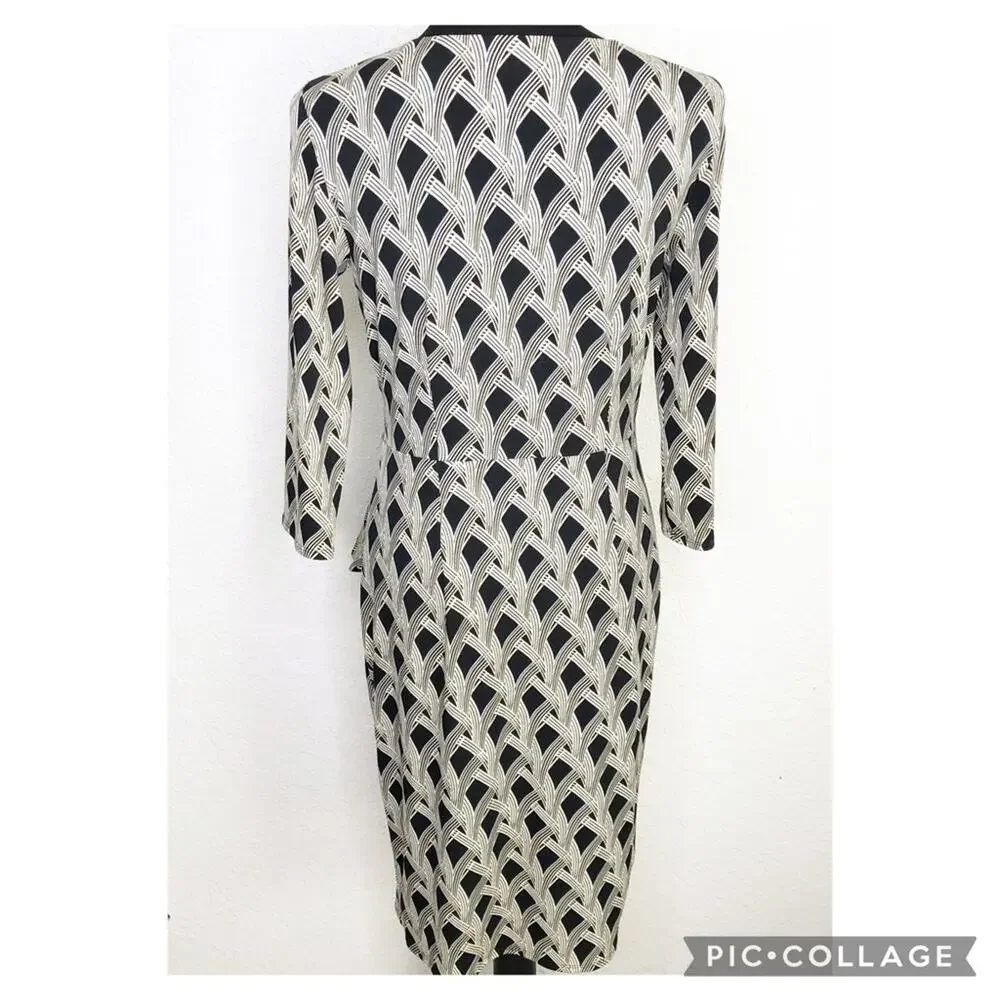 WHBM cream black art deco geometric faux wrap midi dress size 6